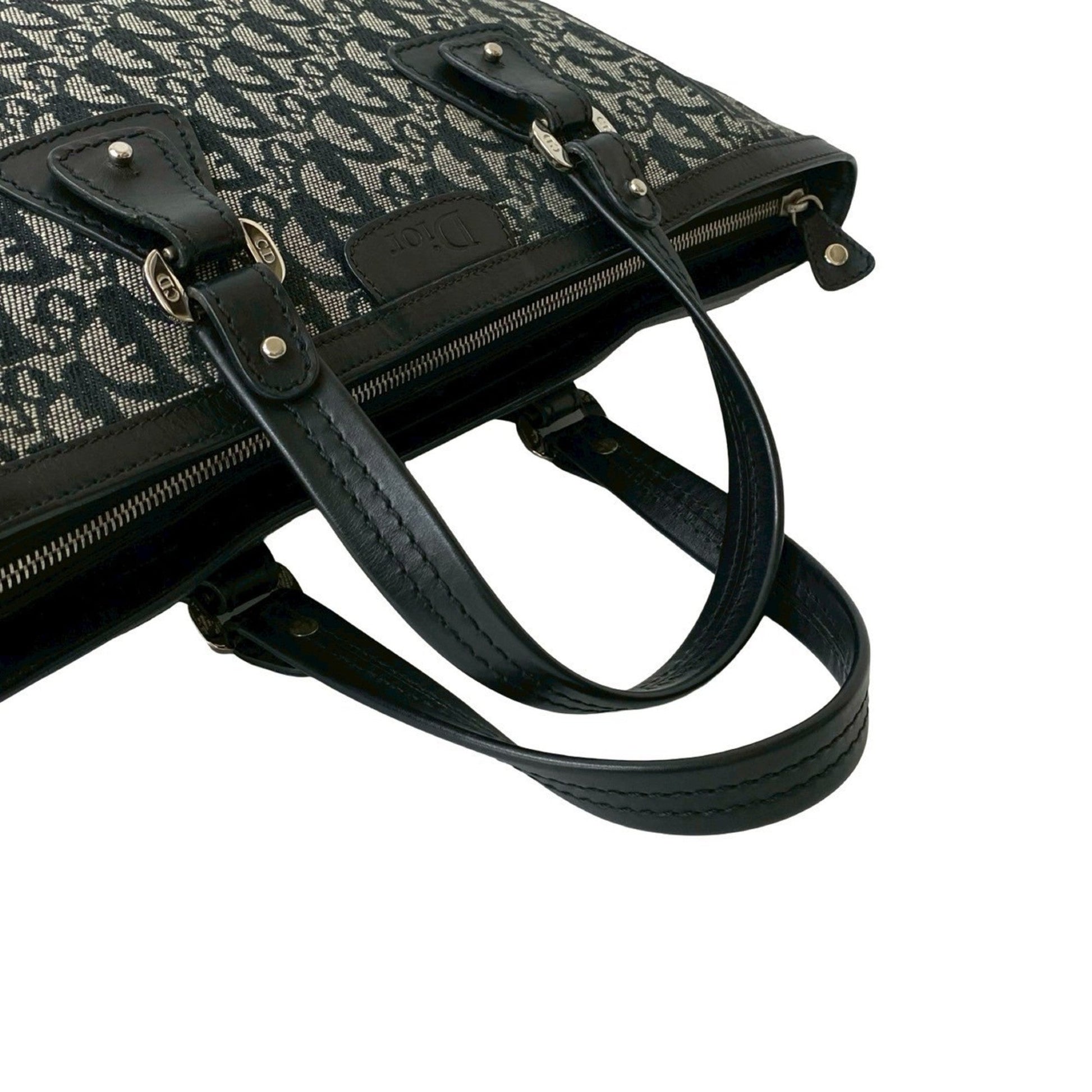 Christian Dior Black Canvas Leather Handbag Tote Bag  