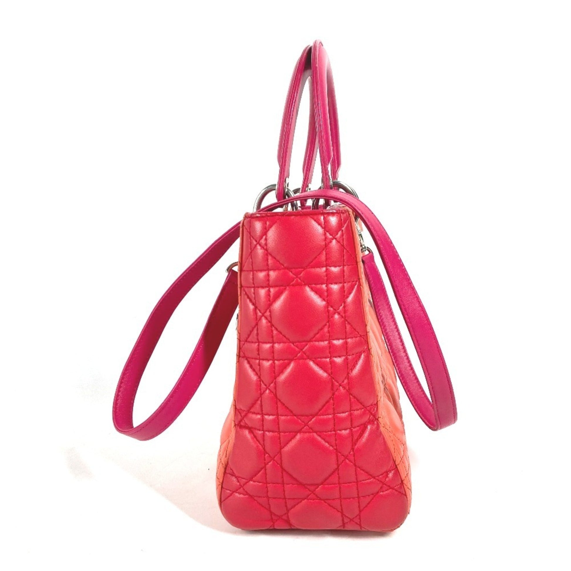 Christian Dior Lady Dior Orange Pink Red Color Leather Handbag Shoulder Bag Tote Bag  