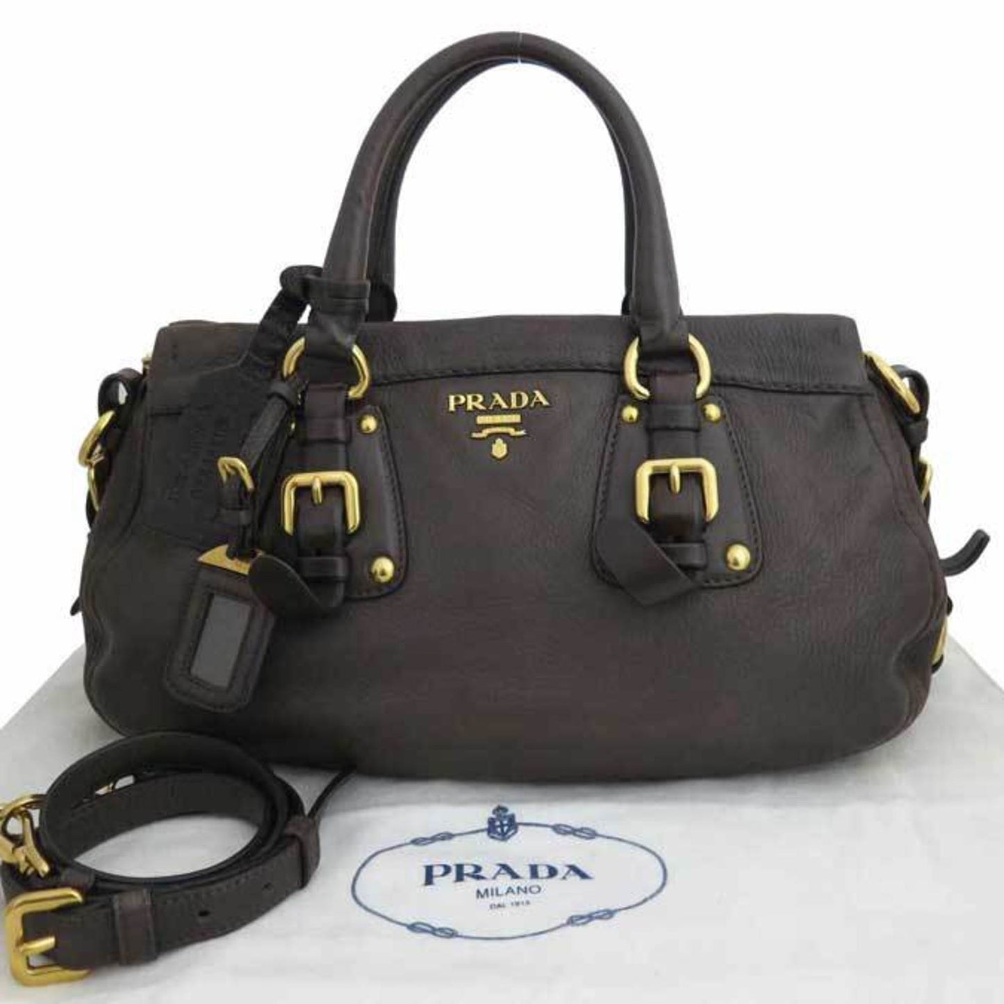 Prada 2way Bag logo brown x gold metal fittings leather handBag shoulder ladies