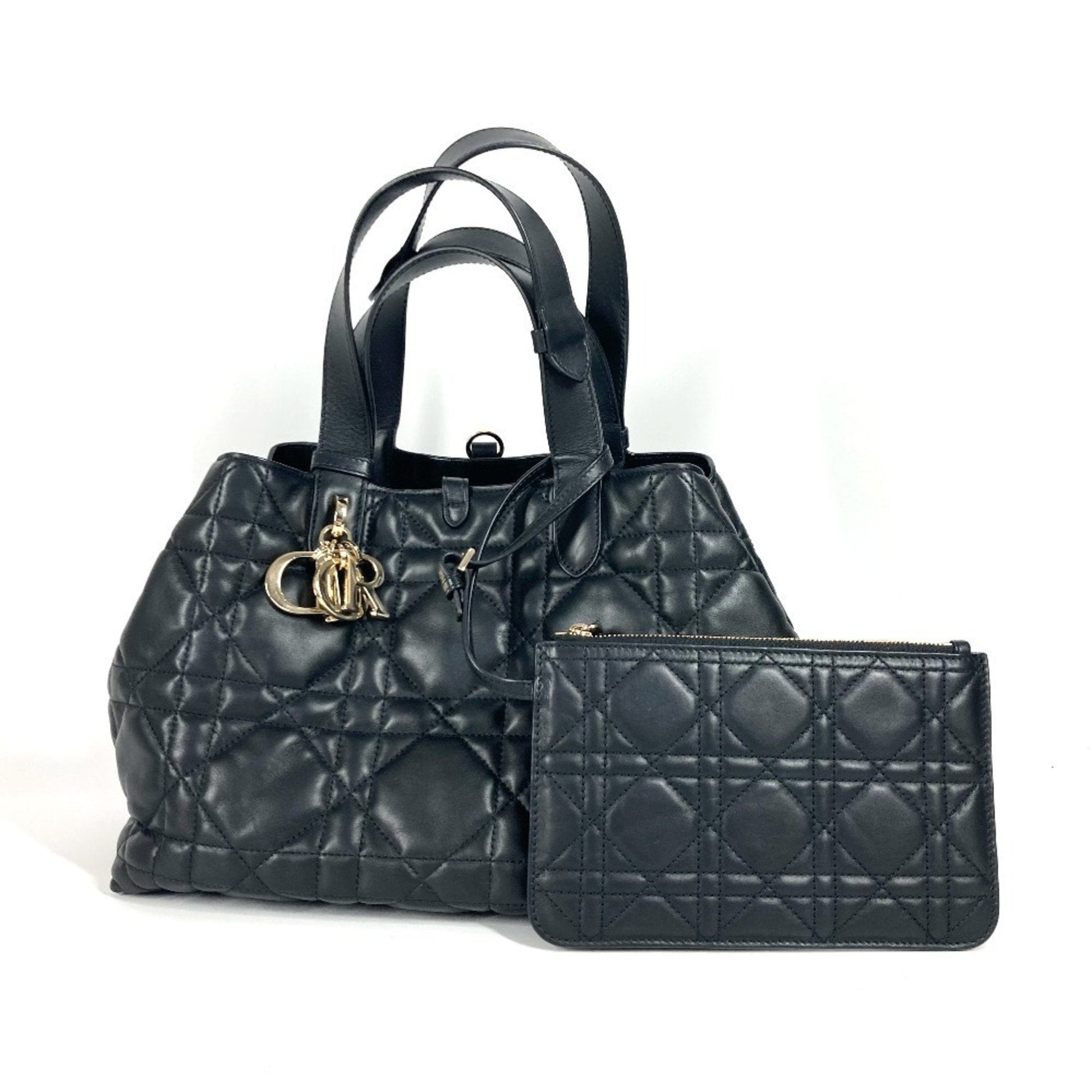 Christian Dior Black Leather Handbag Pouch Shoulder Bag Tote Bag  