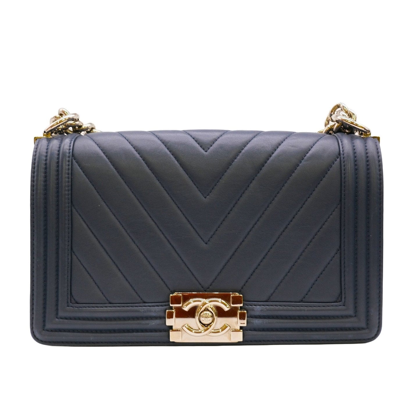 CHANEL Boy Chanel V stitch chain shoulder handbag dark navy blue with sticker
