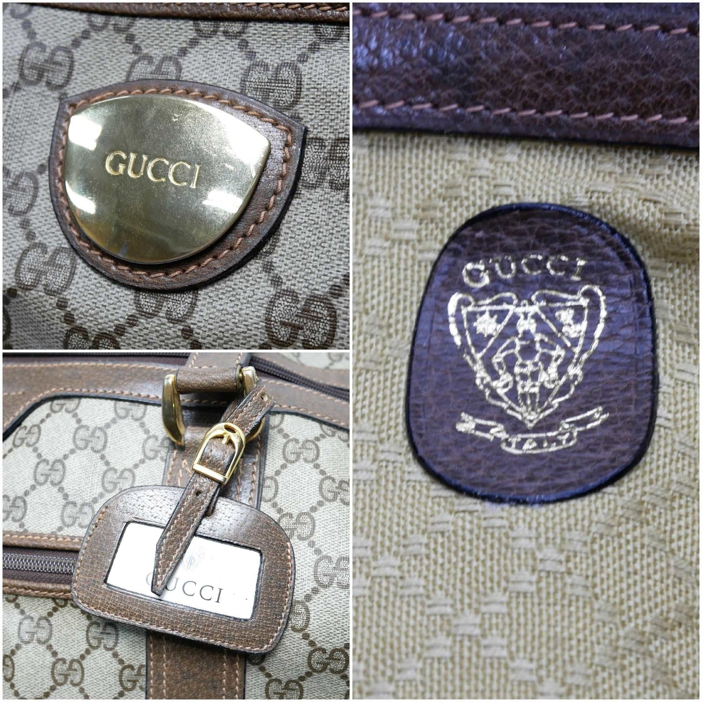 GUCCI Old Gucci  Travel Bag Boston Unisex 1970's 70'S GG Pattern / Pigskin Gold Hardware Brown Beige