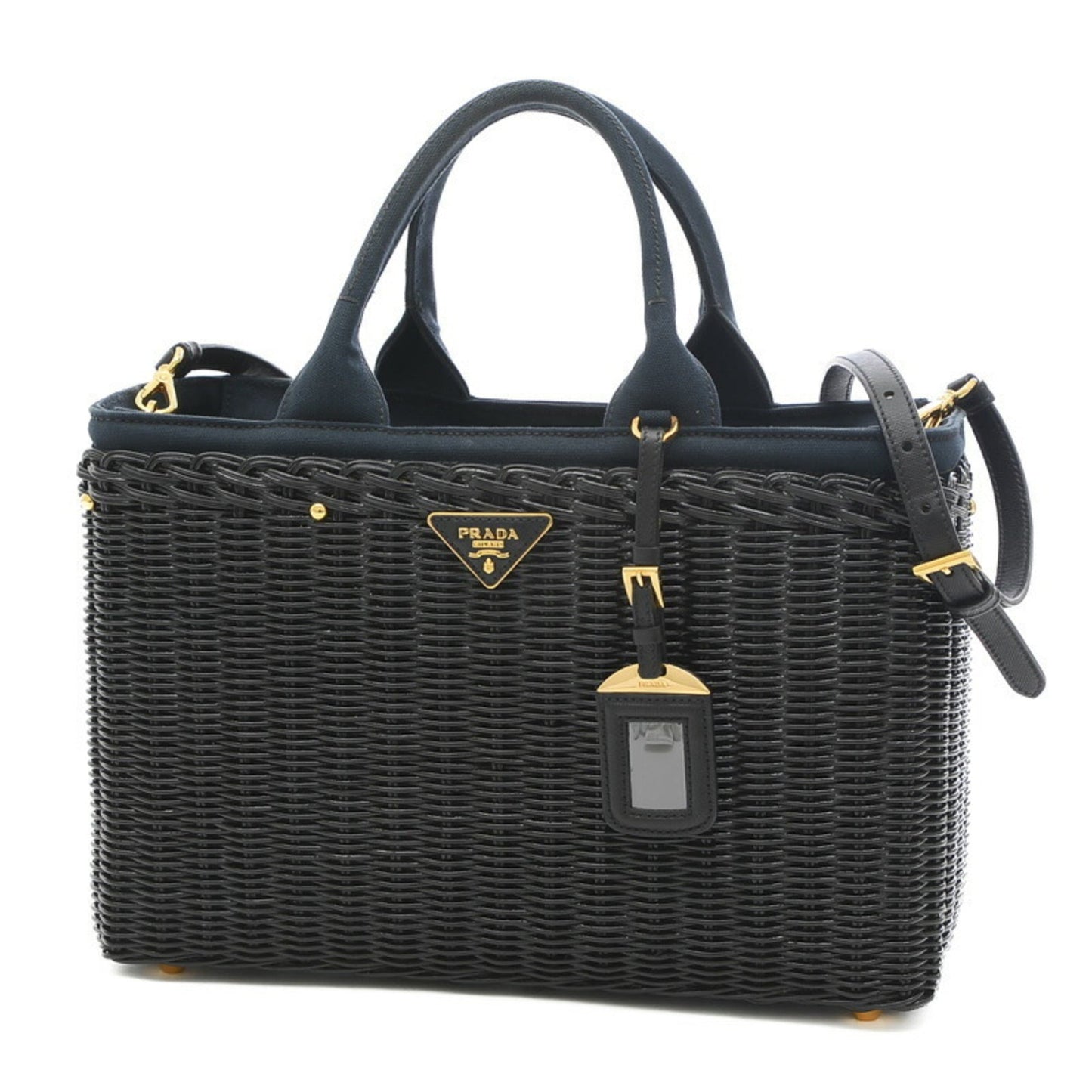 Prada Basket Bag 2Way Rattan/Canvas Black/Navy