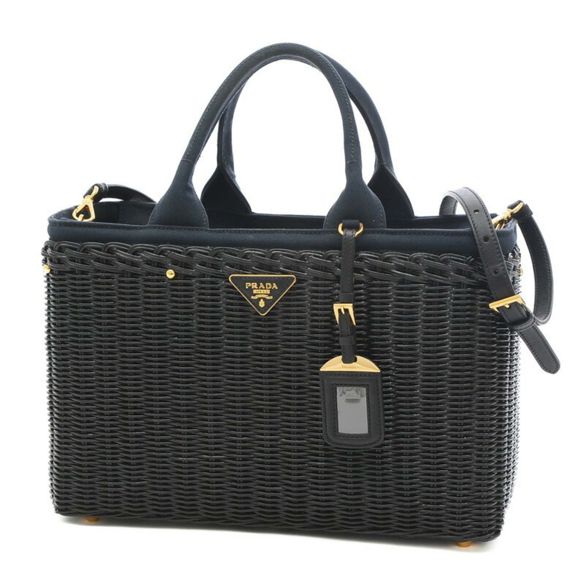 Prada Basket Bag 2Way Rattan/Canvas Black/Navy