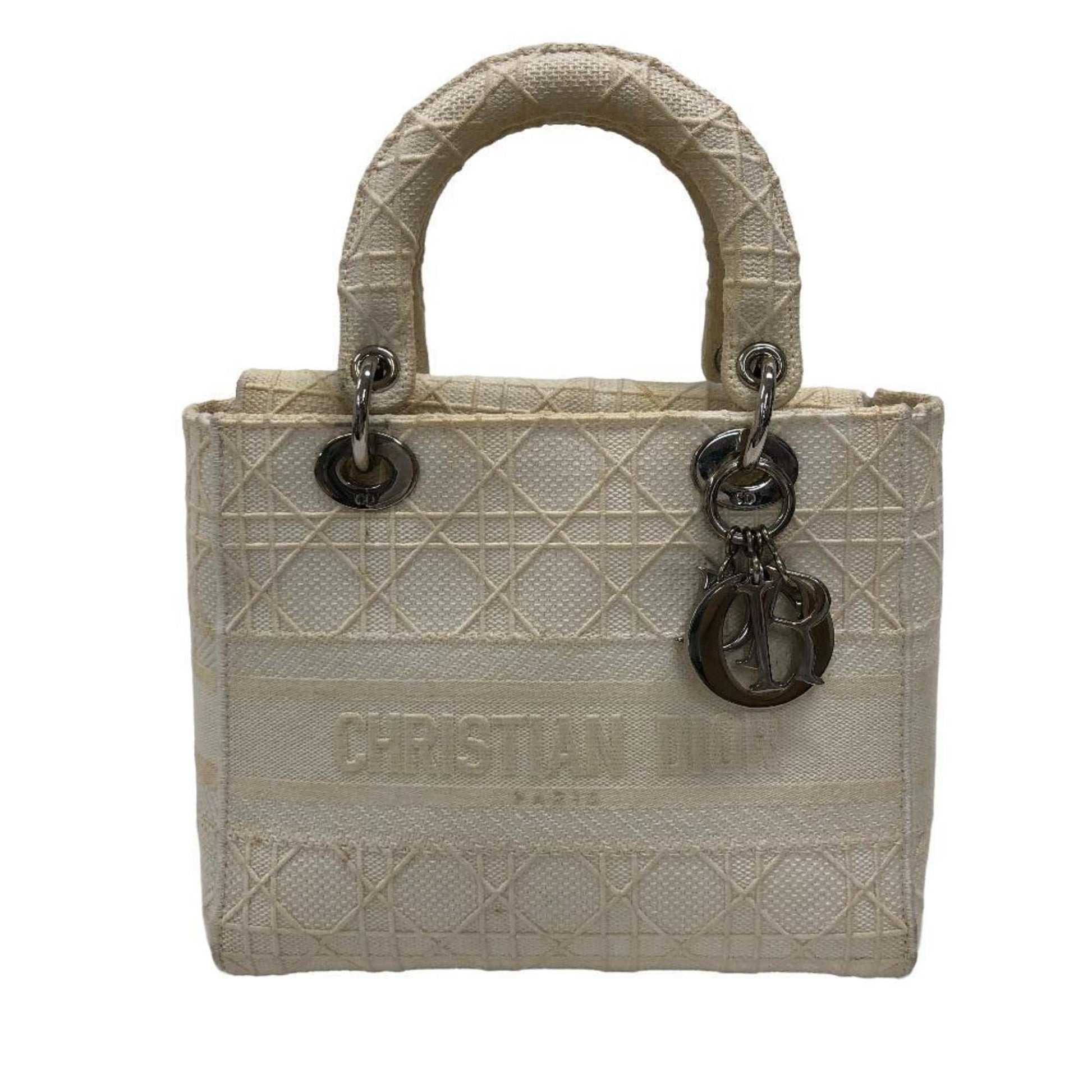 Christian Dior Lady Dior White Canvas Handbag  