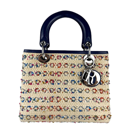 Christian Dior Beige Multi-Color Navy Raffia Leather Handbag Shoulder Bag  