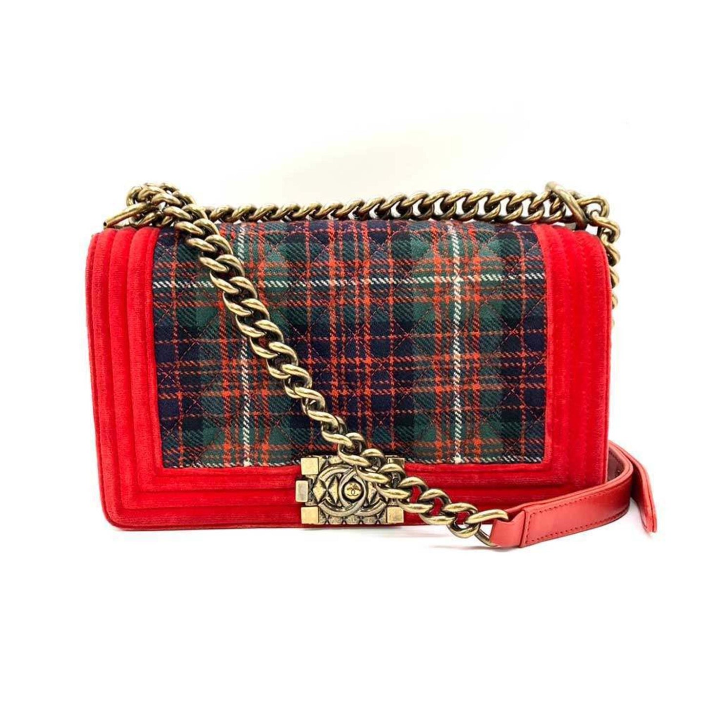 Chanel Bag Boy Chain Shoulder Red x Green Checkered Horizontal Women s Velour Canvas CHANEL