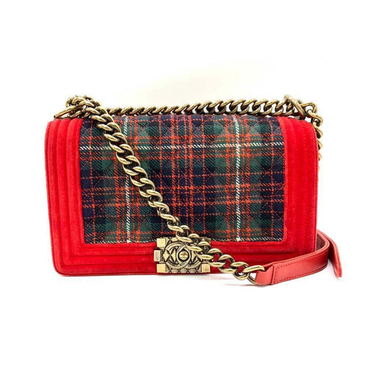 Chanel Bag Boy Chain Shoulder Red x Green Checkered Horizontal Women s Velour Canvas CHANEL