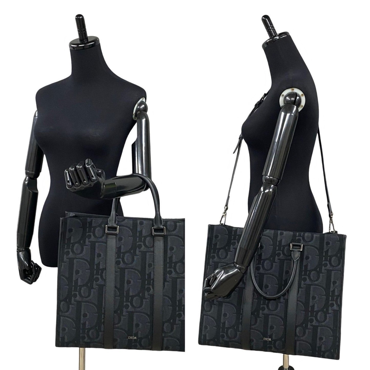 Christian Dior Black Leather Canvas Tote Bag  