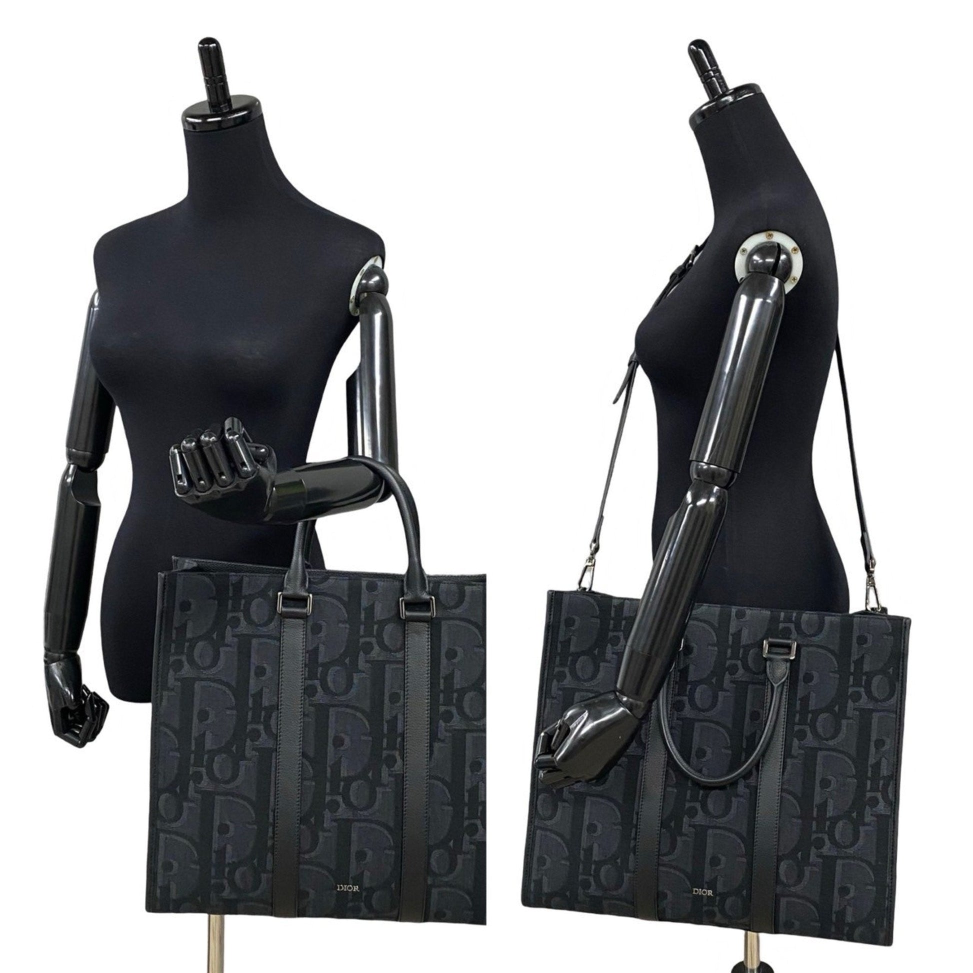 Christian Dior Black Leather Canvas Tote Bag  
