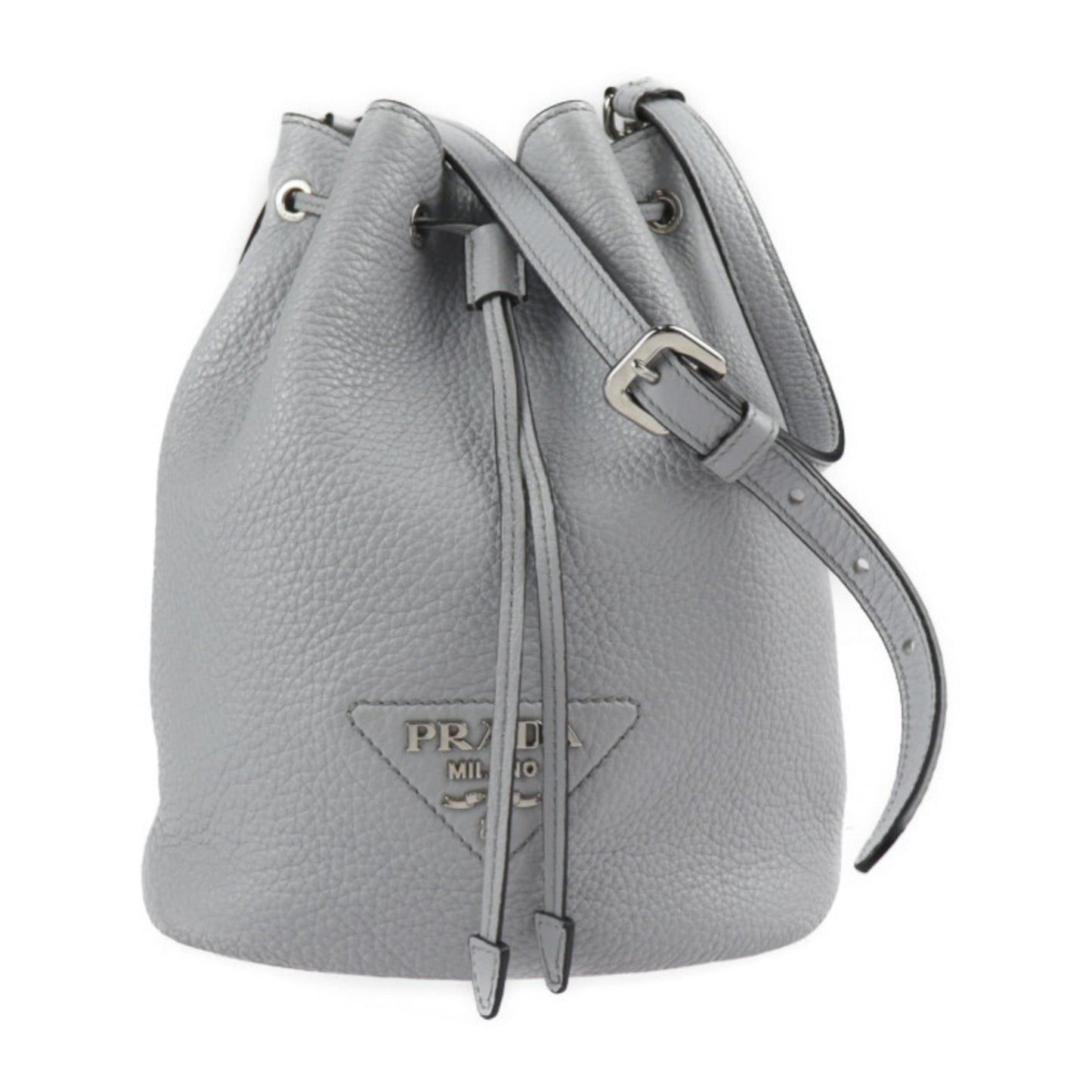 Prada Shoulder Bag Leather Gray Silver Hardware Drawstring Triangle Logo Plate