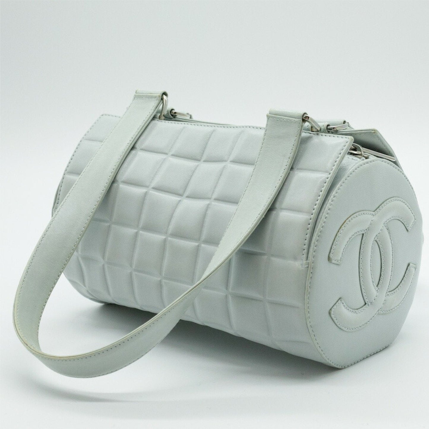 CHANEL Boston Bag Chocolate Bar Coco Mark Leather Light Blue Silver Women s PD292