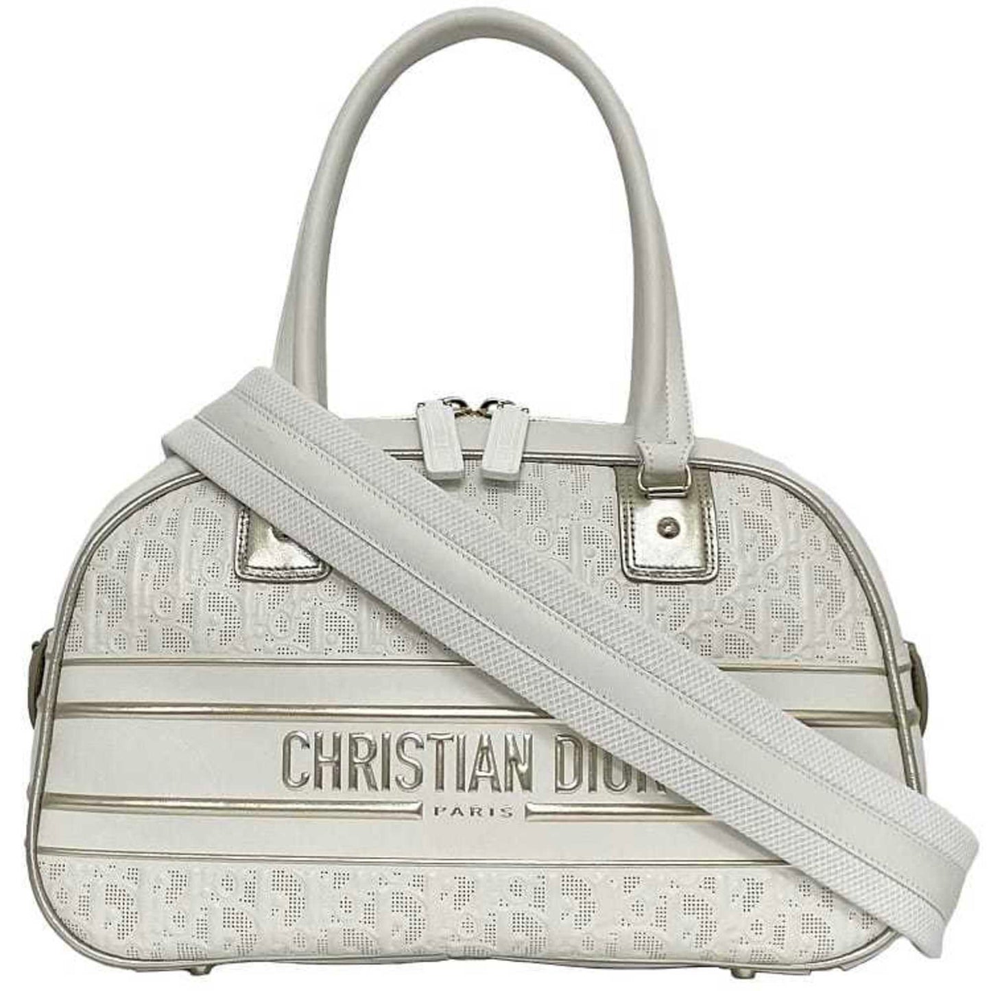 Christian Dior Trotter White Leather Rubber Boston Bag Handbag  