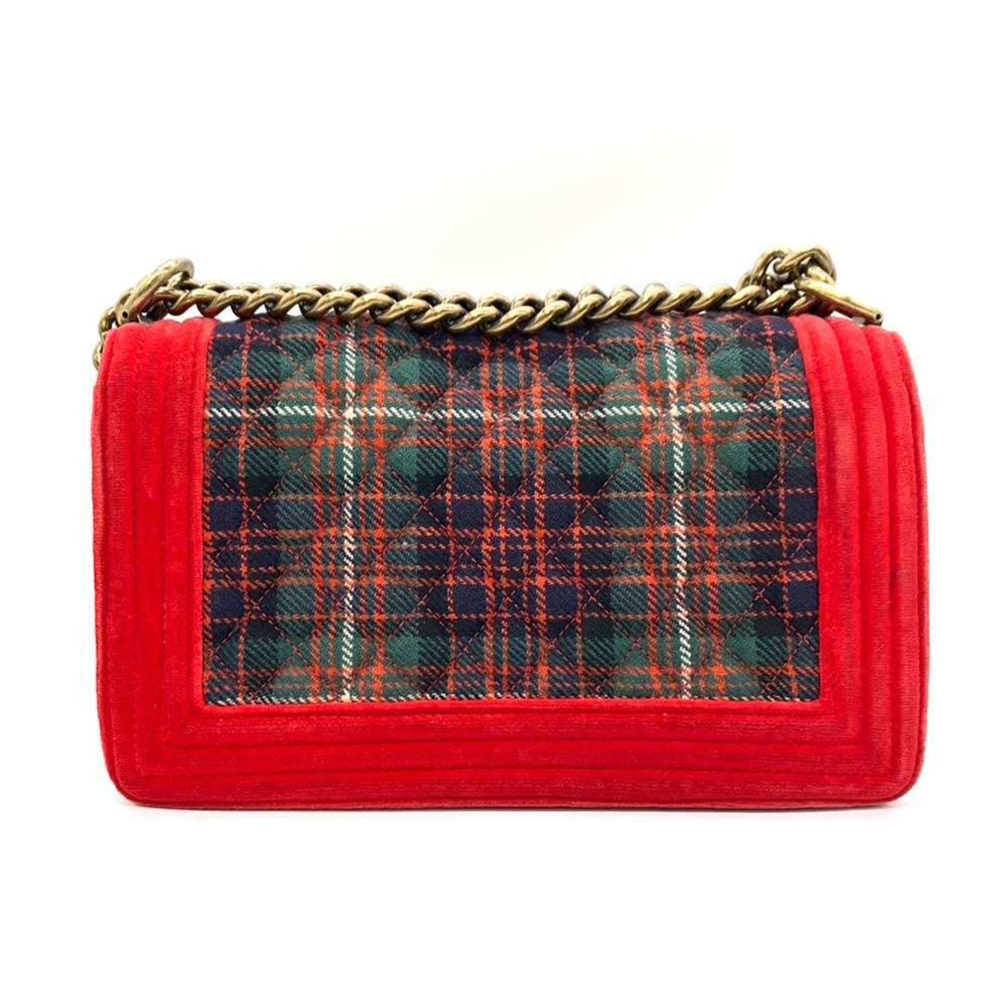 Chanel Bag Boy Chain Shoulder Red x Green Checkered Horizontal Women s Velour Canvas CHANEL