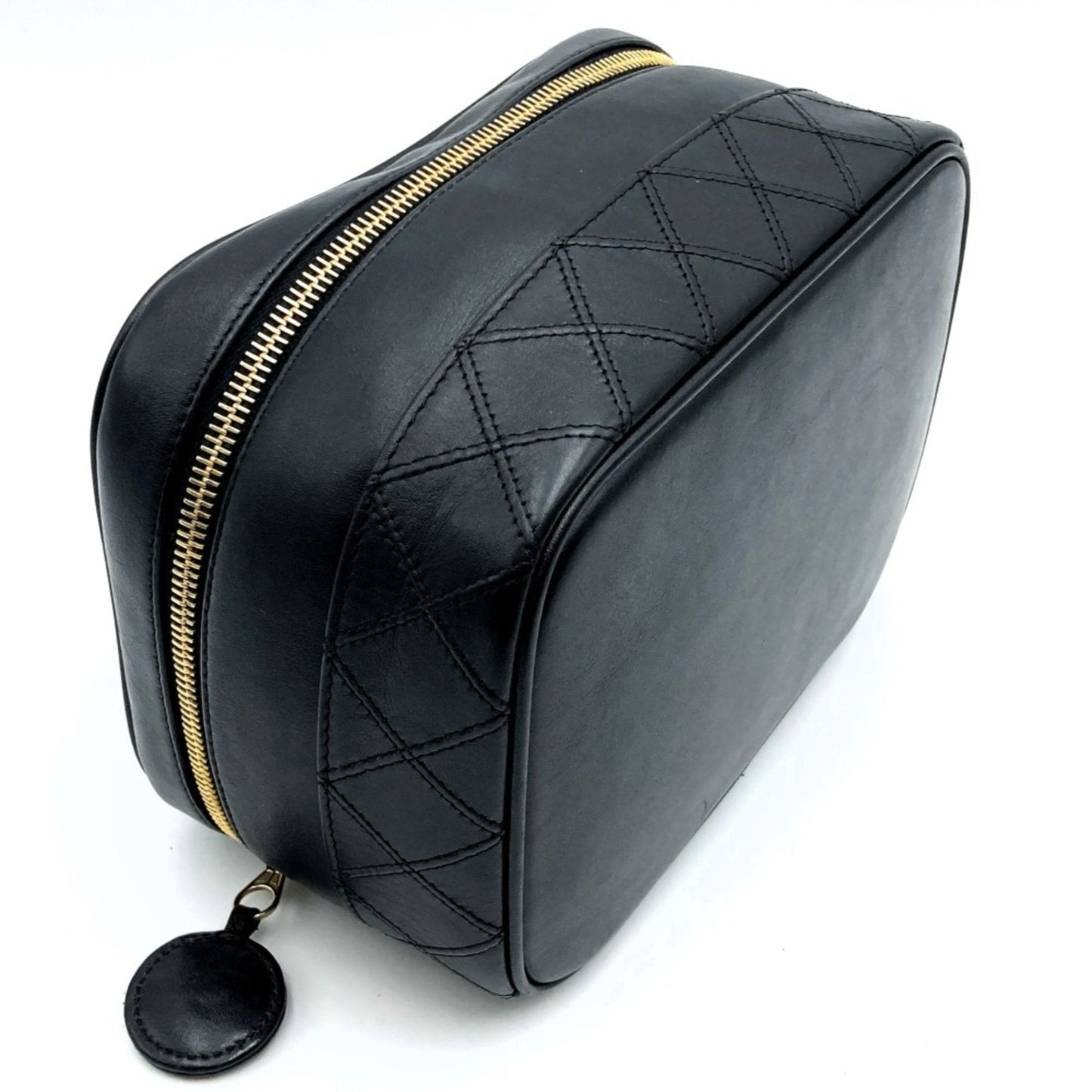 CHANEL Bicolor Vanity Bag Cosmetic Pouch Coco Mark Black Lambskin Leather Women s