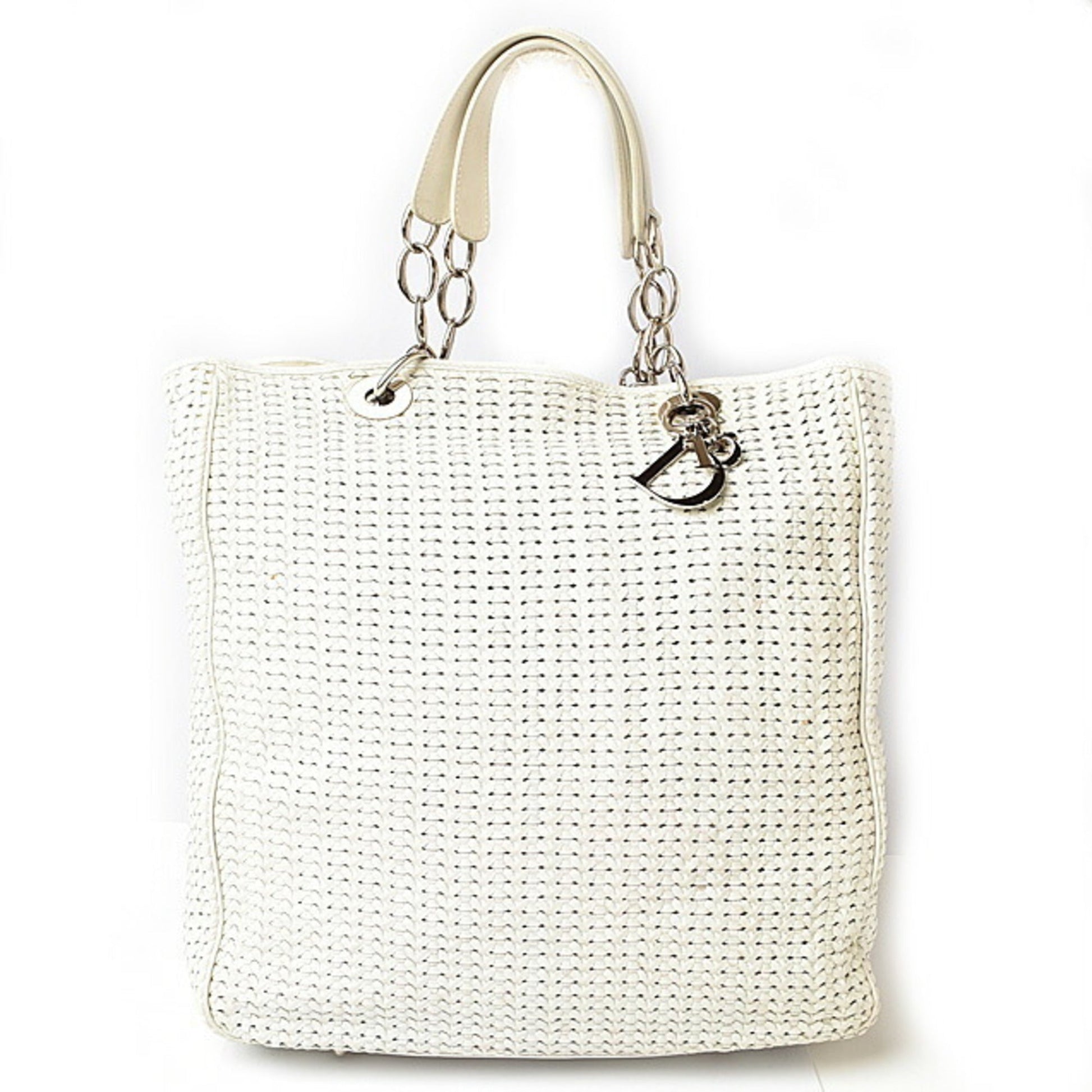 Christian Dior Lady Dior Silver White Leather Tote Bag  