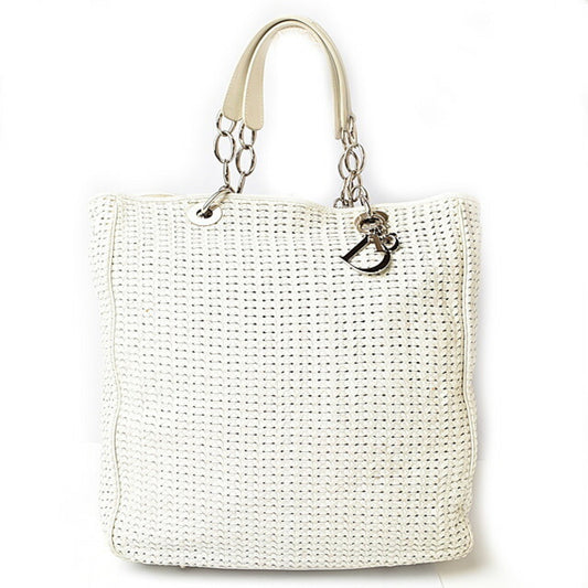 Christian Dior Lady Dior Silver White Leather Tote Bag  
