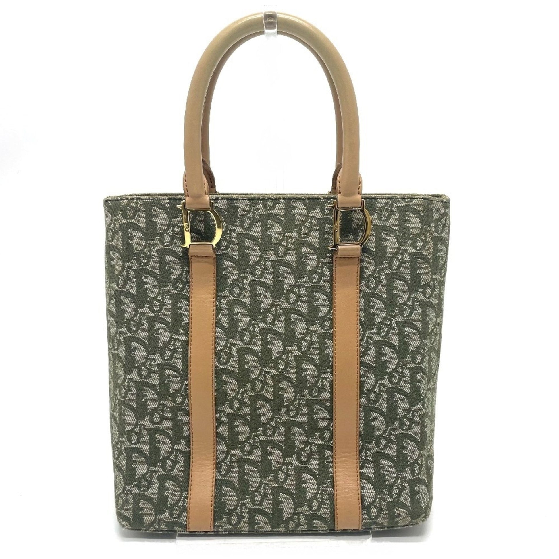 Christian Dior Green Canvas Leather Handbag Tote Bag  
