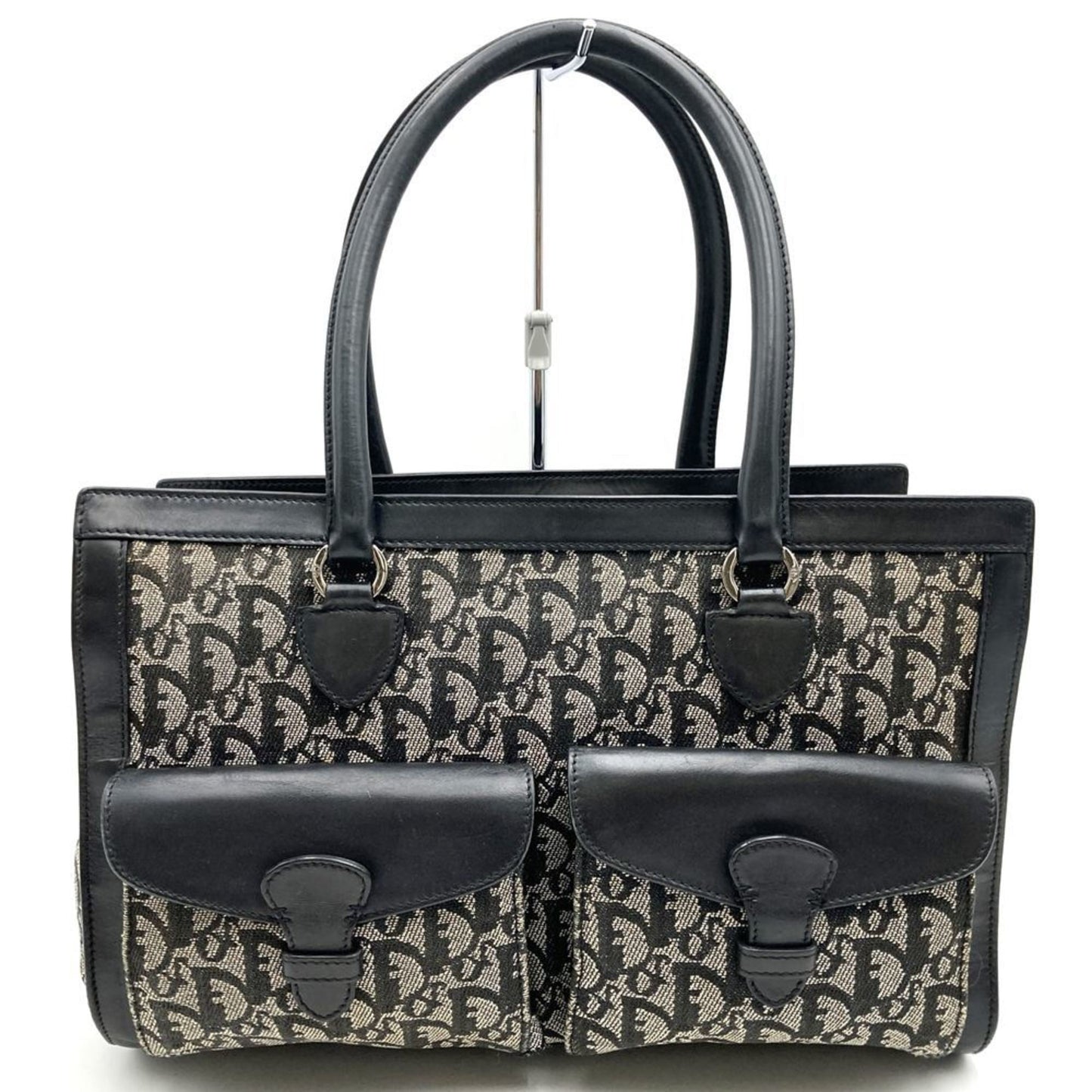 Christian Dior Black Canvas Leather Handbag Tote Bag  