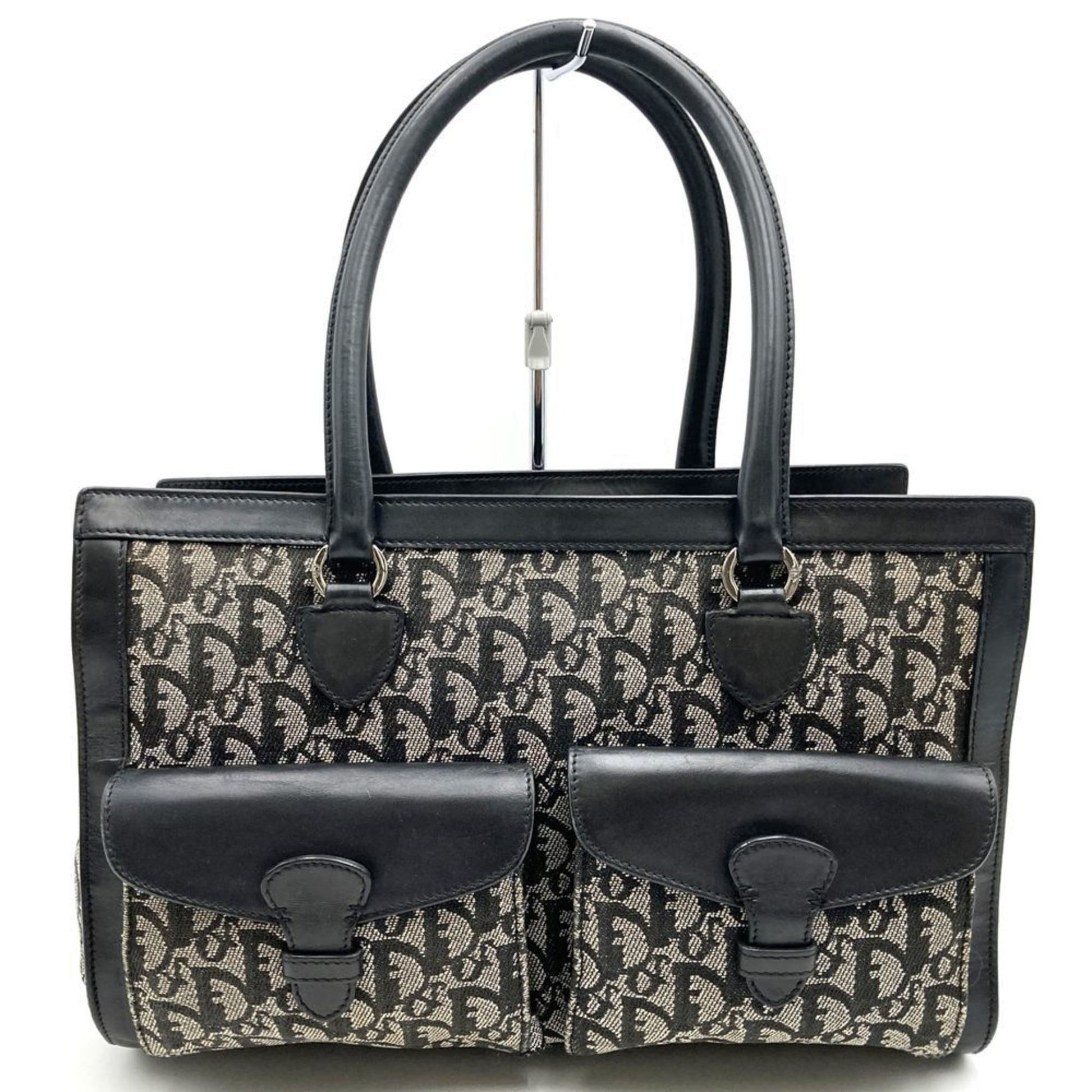 Christian Dior Black Canvas Leather Handbag Tote Bag  