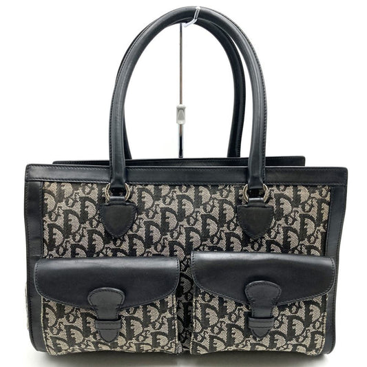 Christian Dior Black Canvas Leather Handbag Tote Bag  