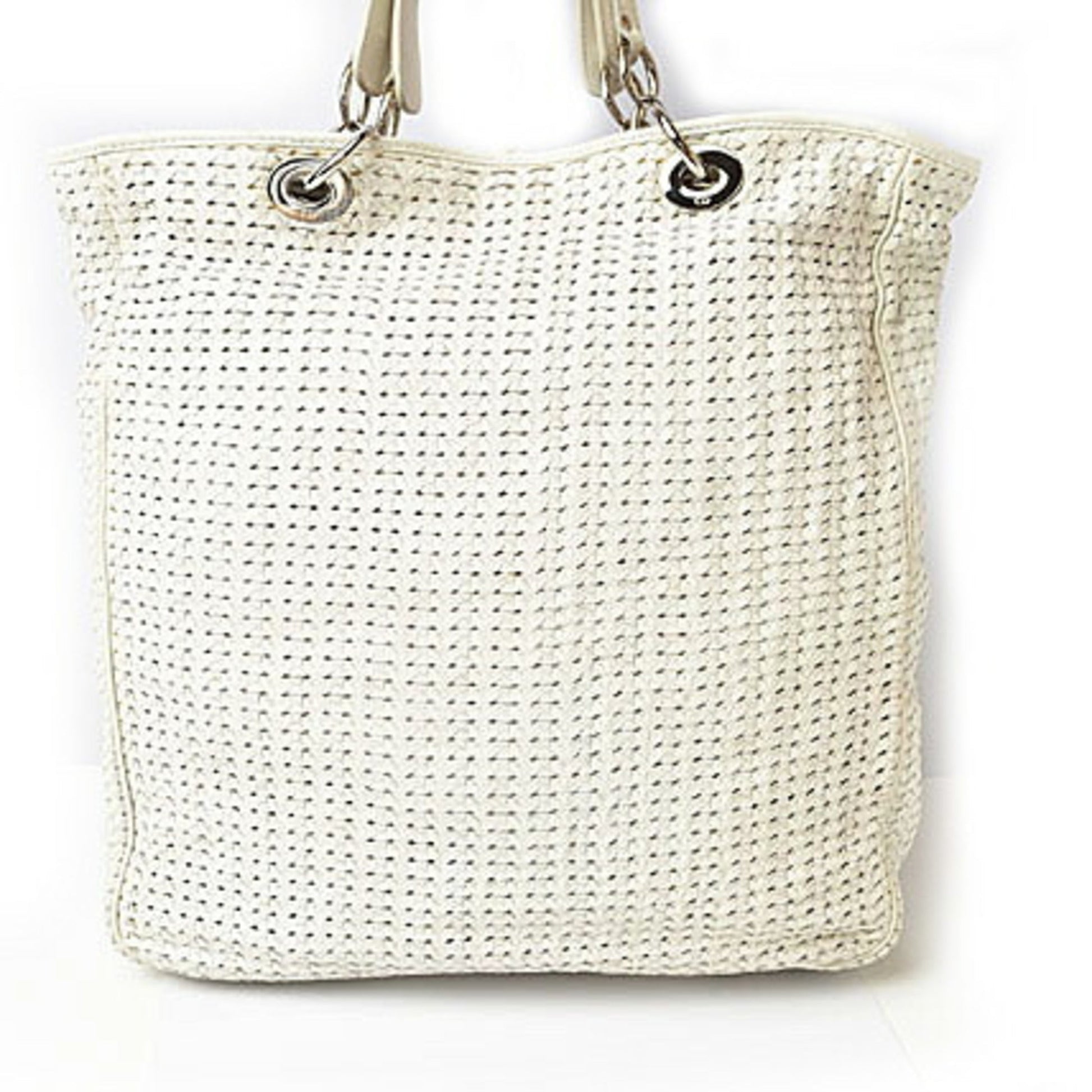 Christian Dior Lady Dior Silver White Leather Tote Bag  