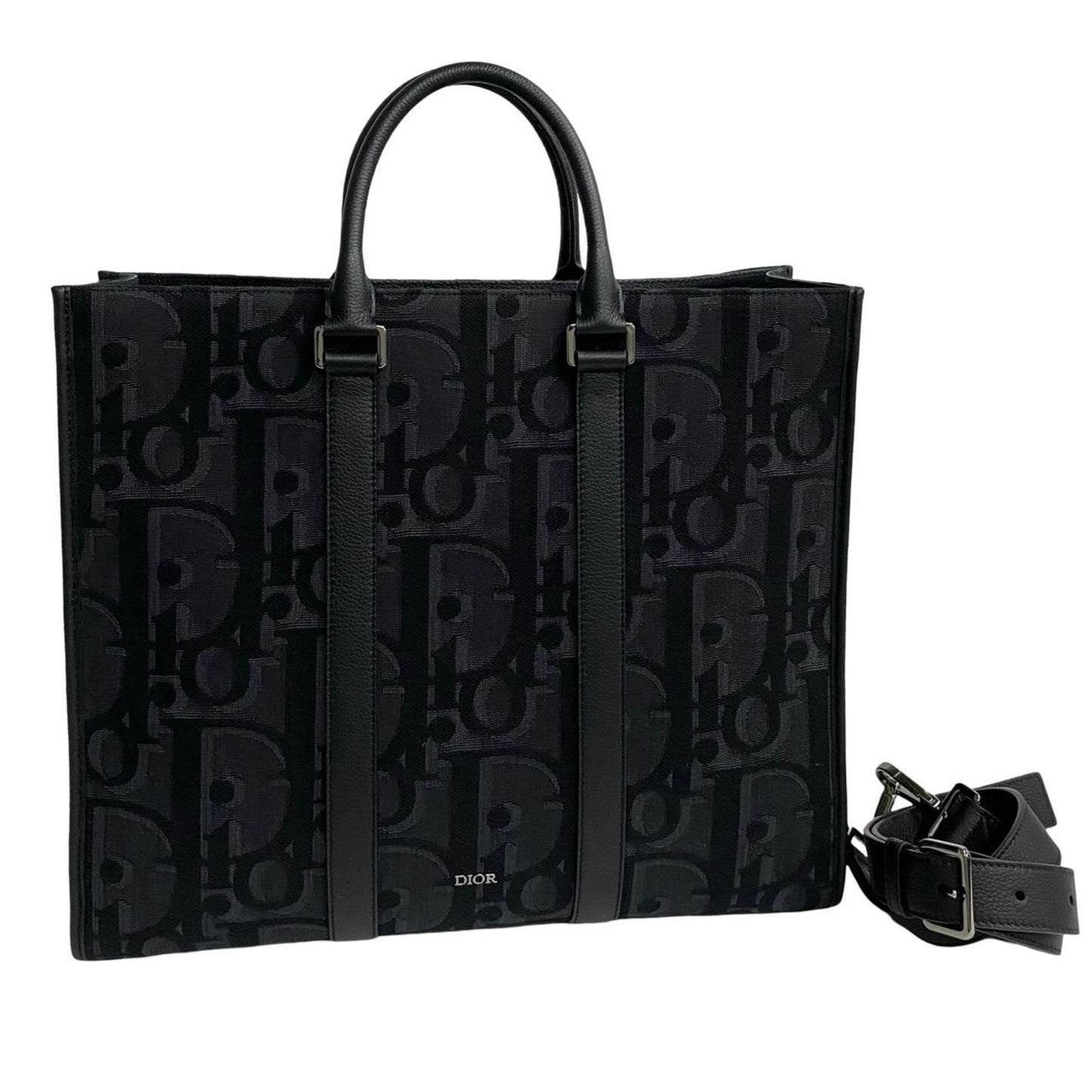 Christian Dior Black Leather Canvas Tote Bag  