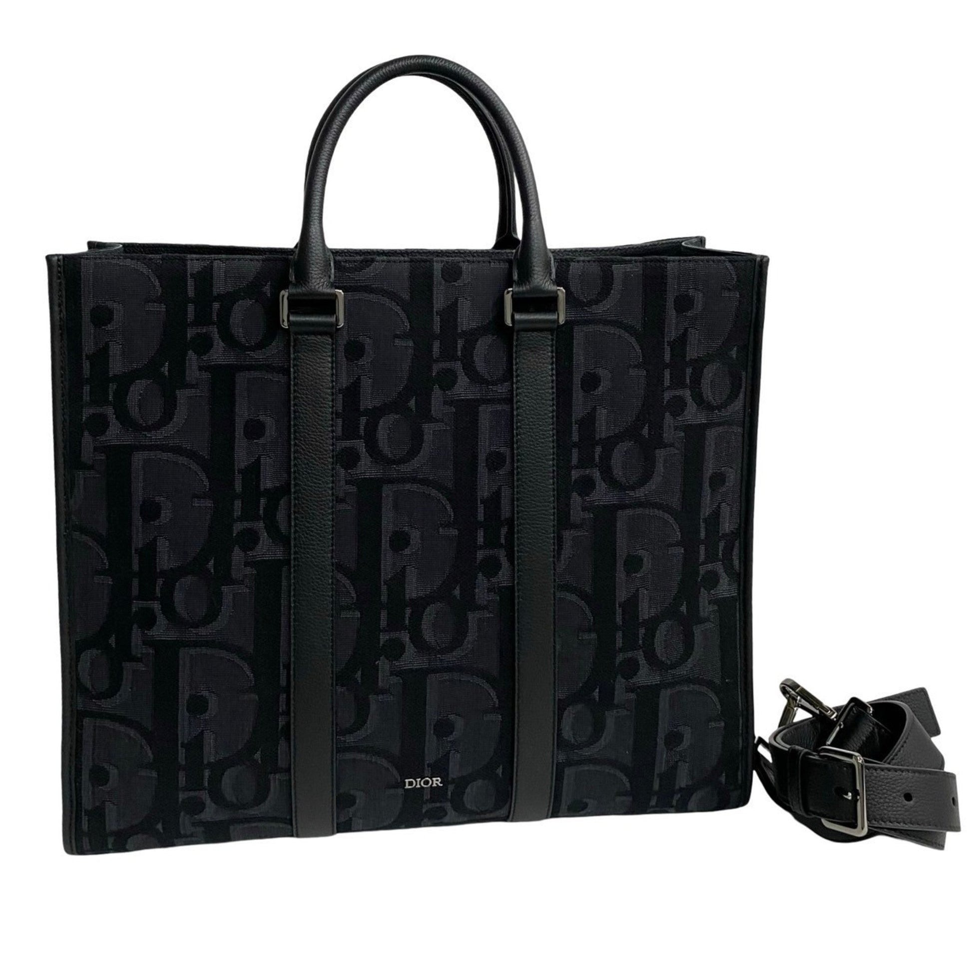 Christian Dior Black Leather Canvas Tote Bag  