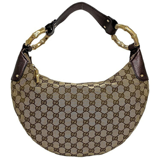 Gucci Bamboo Beige Leather Canvas Shoulder Bag