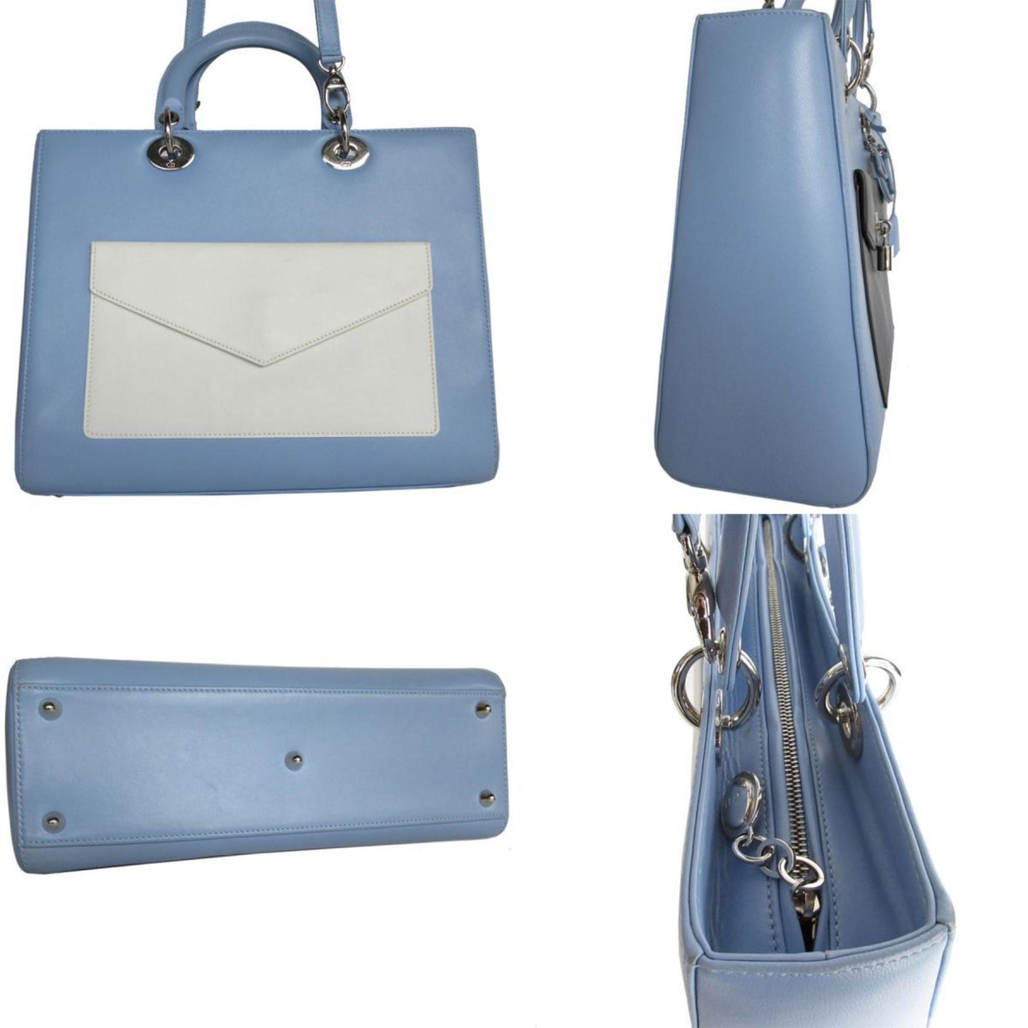 Christian Dior Black Light Blue White Leather Handbag Shoulder Bag  
