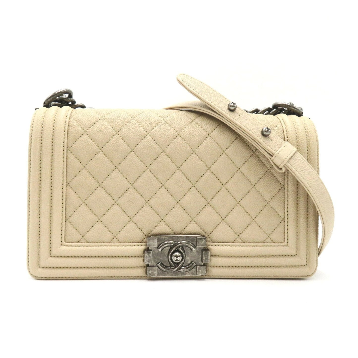 CHANEL Boy Chanel Chain Shoulder Bag Caviar Skin Grained Calf Women s Beige 92193