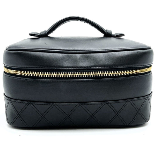 CHANEL Bicolor Vanity Bag Cosmetic Pouch Coco Mark Black Lambskin Leather Women s