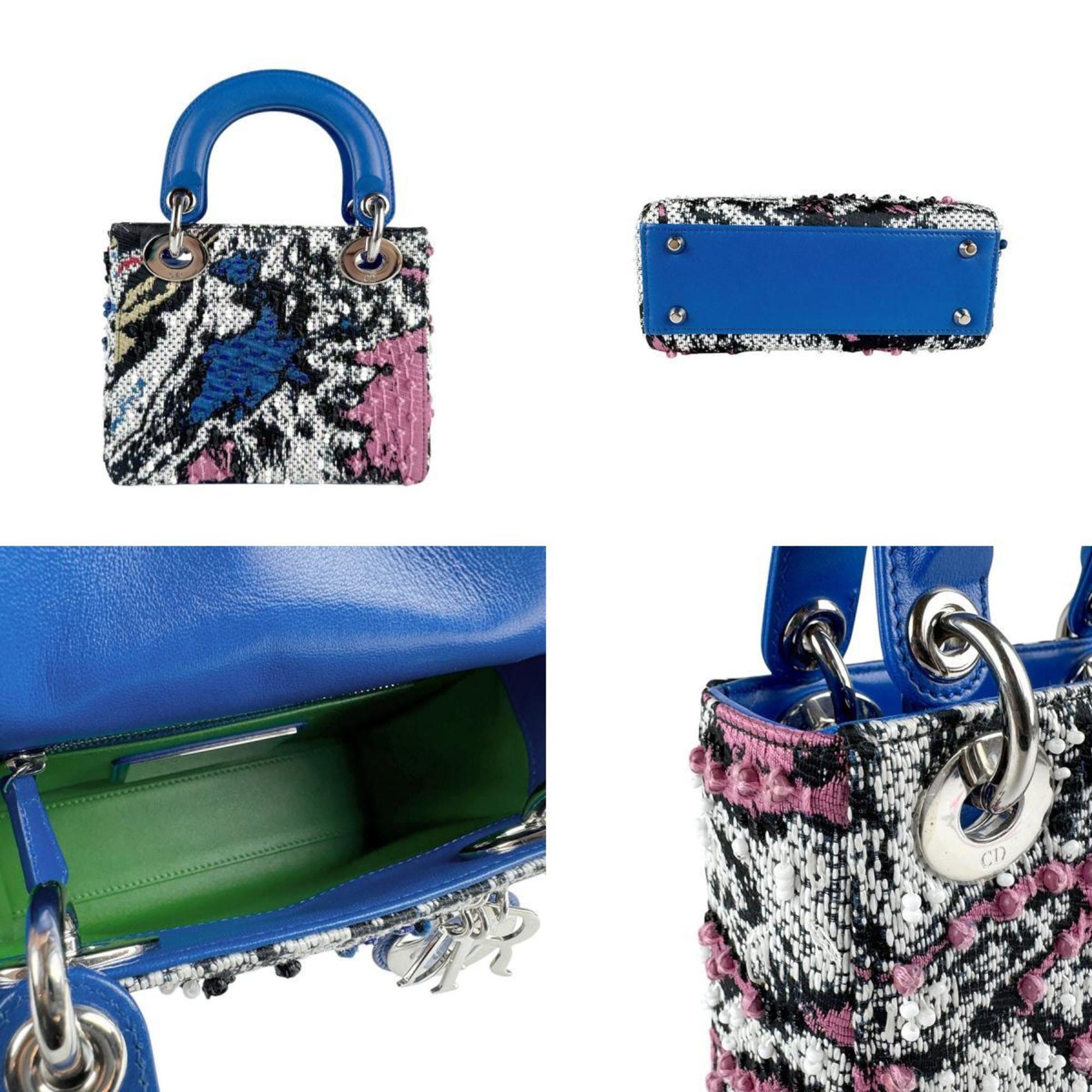 Christian Dior Black Blue Tweed Leather Handbag Shoulder Bag  