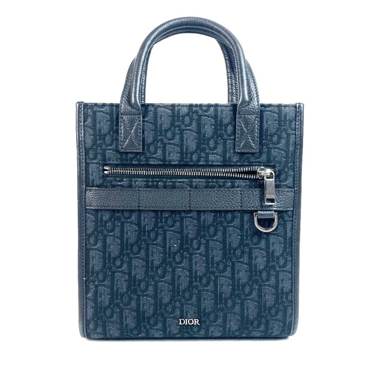 Christian Dior Black Dark Navy Canvas Leather Handbag Tote Bag  