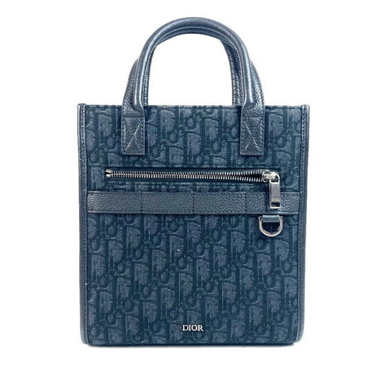 Christian Dior Black Dark Navy Canvas Leather Handbag Tote Bag  