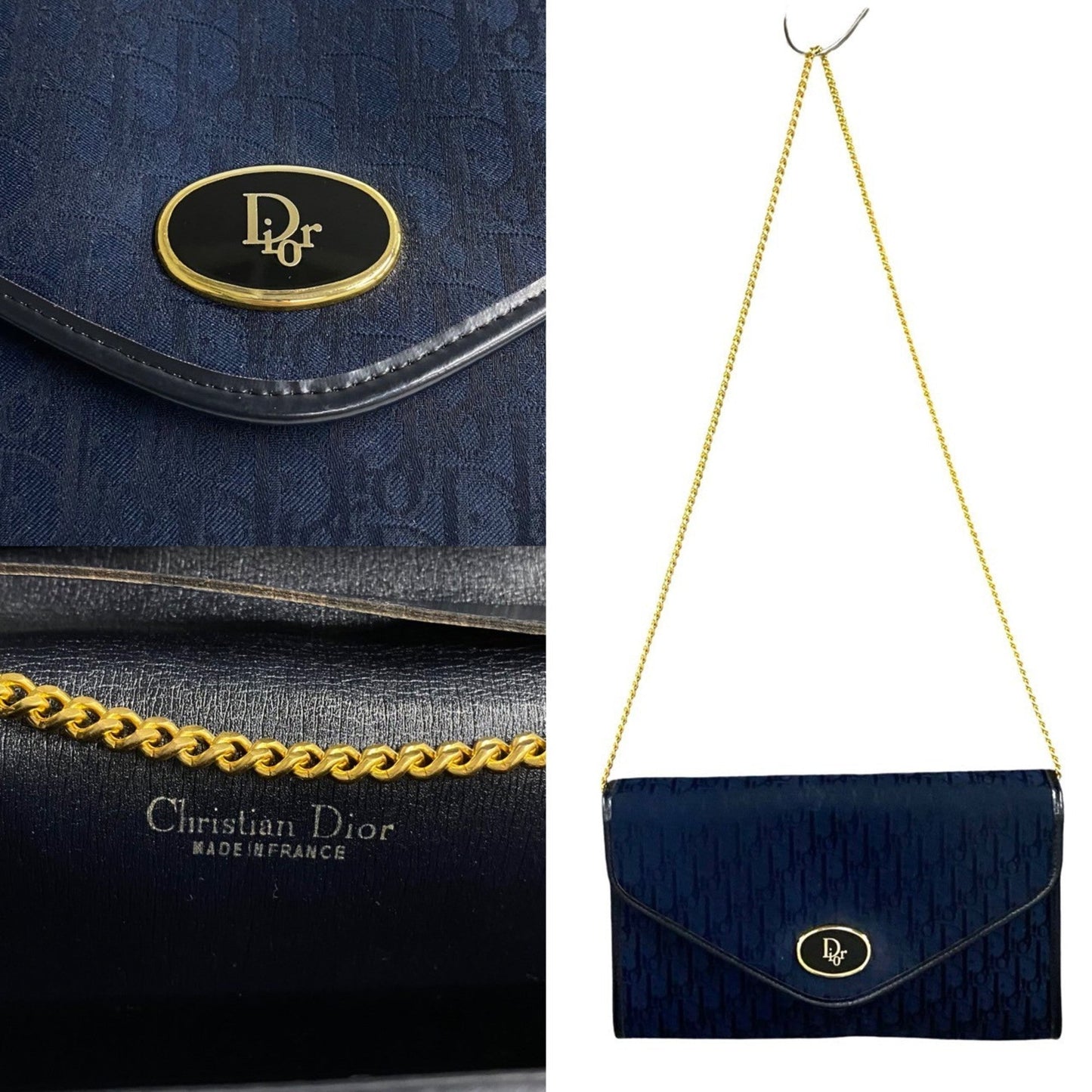 Christian Dior Navy Leather Canvas Shoulder Bag  