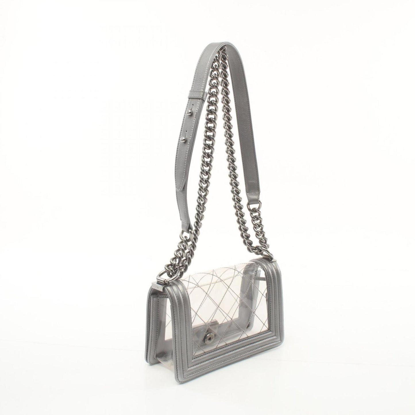 CHANEL Boy Chanel Shoulder Bag Vinyl Lambskin Women s Clear Silver