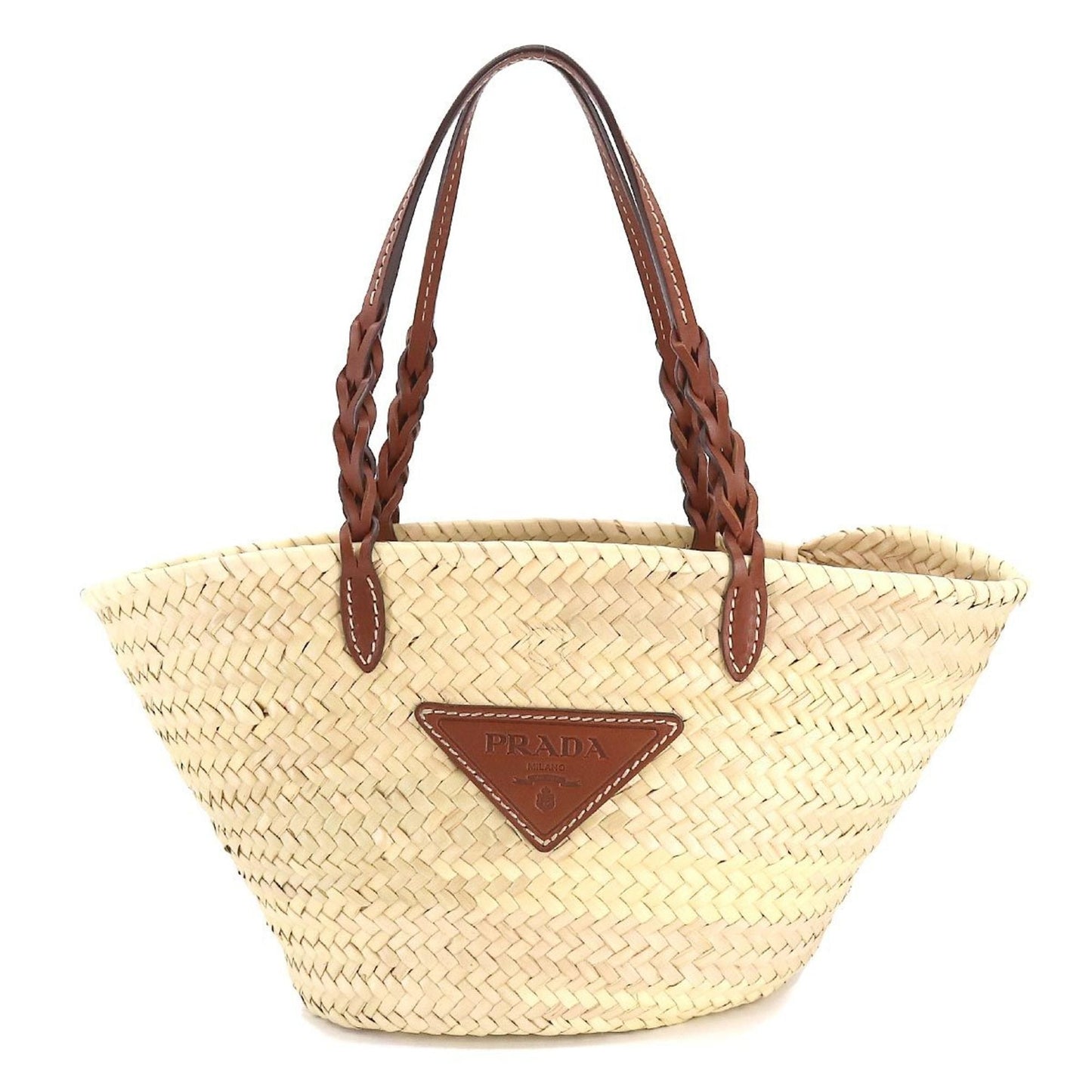 Prada tote Bag wicker leather natural cognac silver metal fittings woven palm Tote Bag