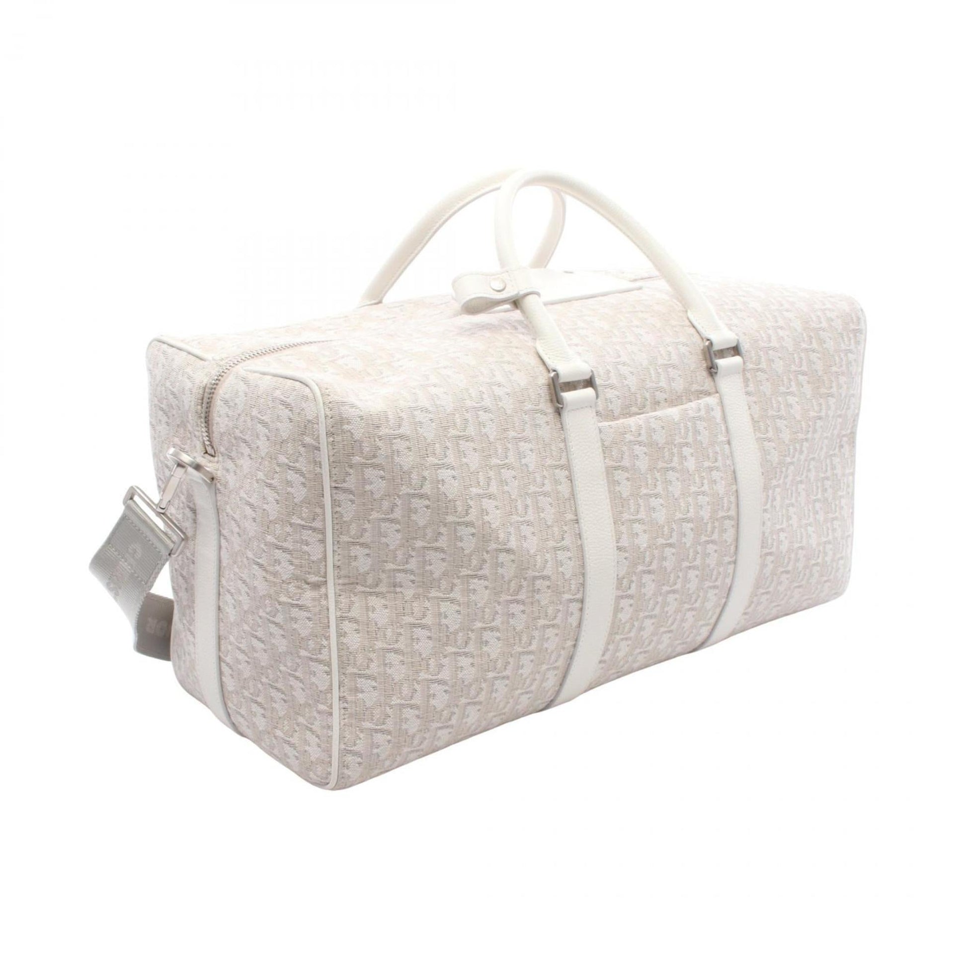 Christian Dior Beige White Canvas Leather Boston Bag  