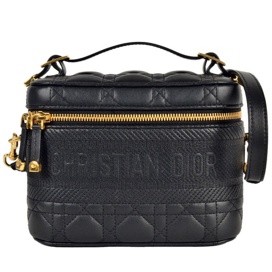 Christian Dior Black Leather Canvas Shoulder Bag Vanity Bag  