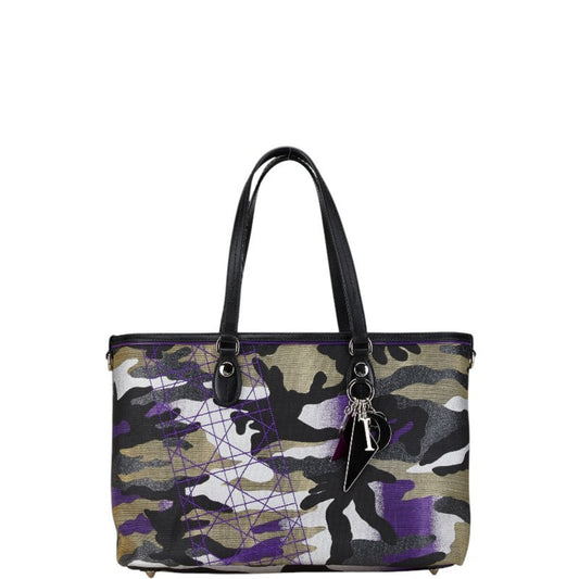 Christian Dior Black Multi-Color Purple Canvas Leather Tote Bag  