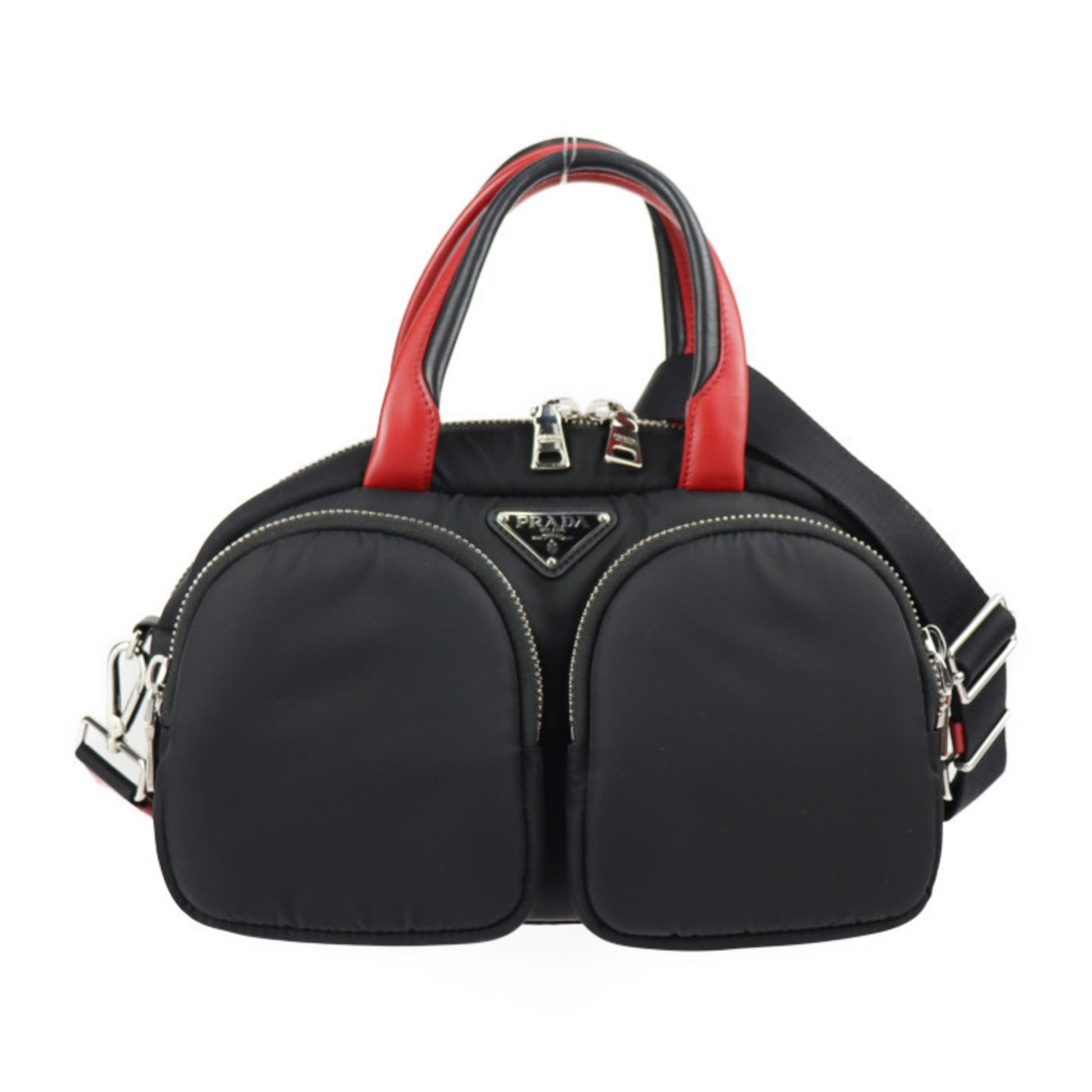 Prada TESSUTO POCKET handBag nylon leather black red silver hardware 2WAY shoulder Bag mini Boston bomber