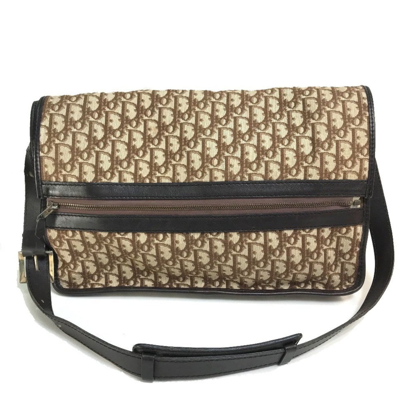 Christian Dior Beige Brown Leather Canvas Shoulder Bag  