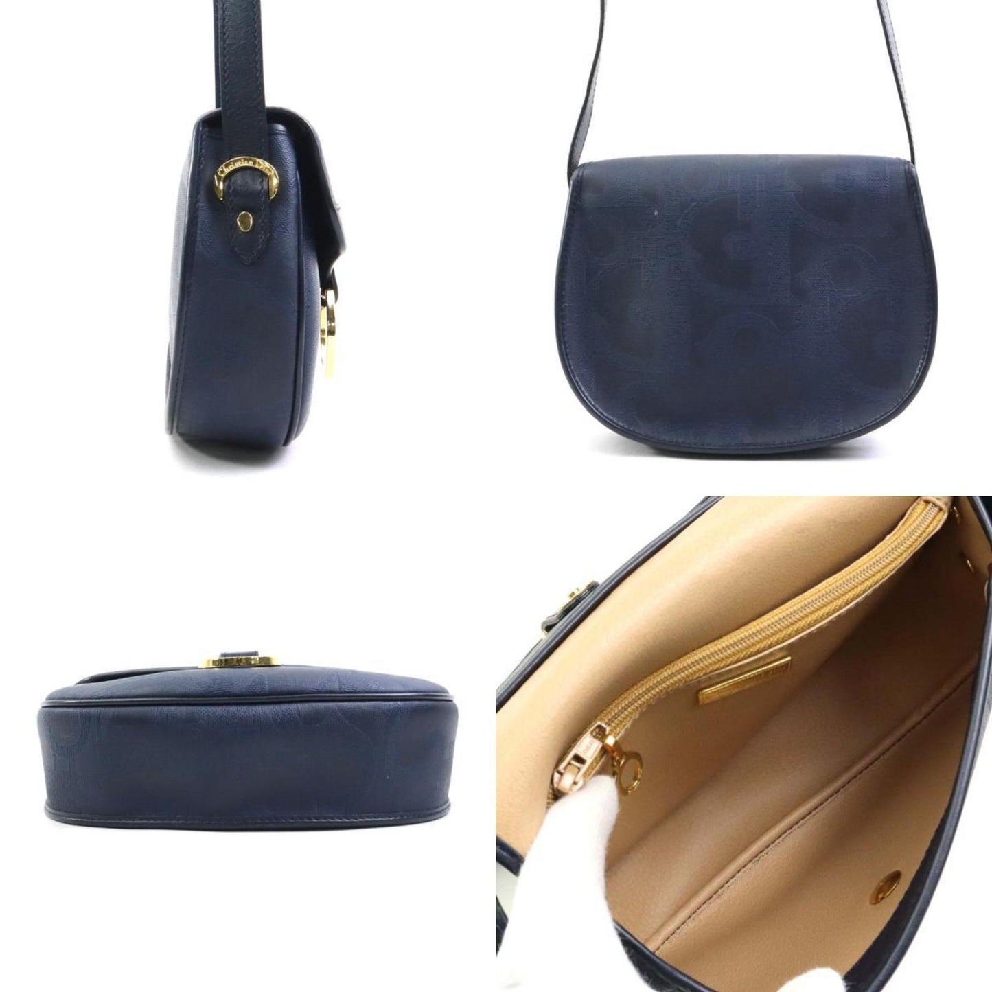 Christian Dior Navy Coated Canvas Leather Shoulder Bag  