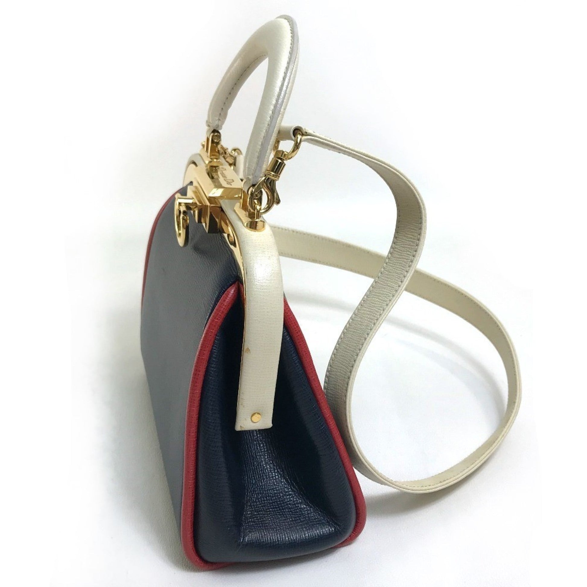 Christian Dior Navy Red Color White Leather Handbag Shoulder Bag  
