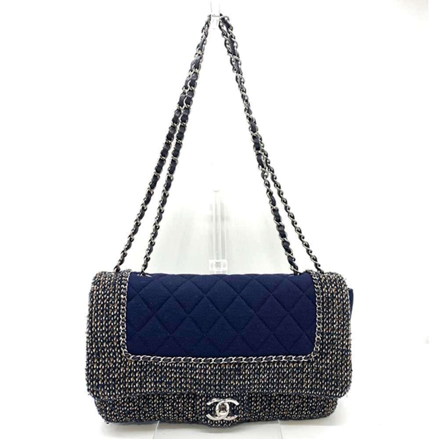 Chanel Bag Matelasse Chain Shoulder Navy Multicolor W Horizontal Women s Cotton Jersey x Tweed CHANEL