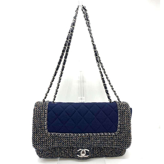 Chanel Bag Matelasse Chain Shoulder Navy Multicolor W Horizontal Women s Cotton Jersey x Tweed CHANEL