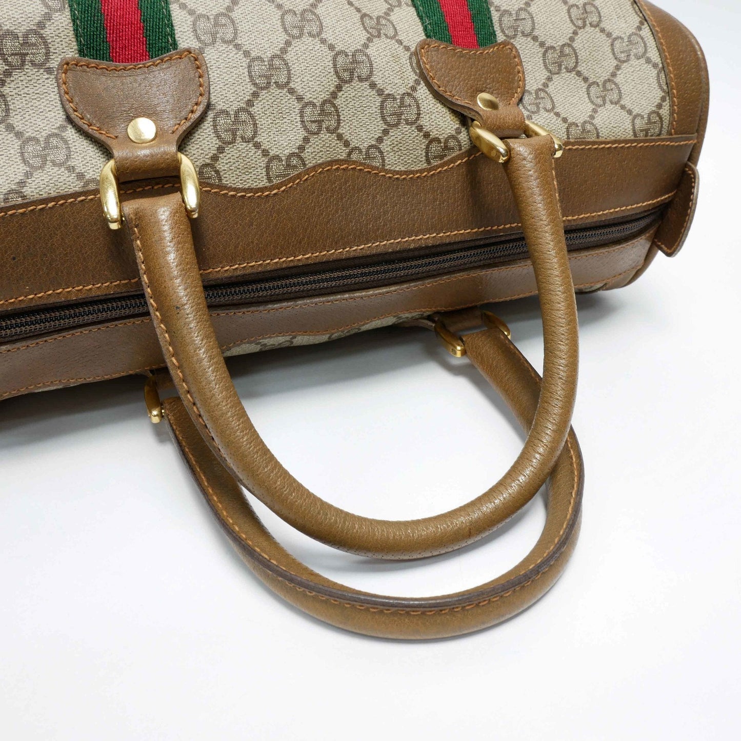 GUCCI Old Gucci  Mini Boston Bag Handbag Barrel Unisex 1970's 70'S Sherry Line GG Pattern/Leather Gold Hardware Brown/Beige