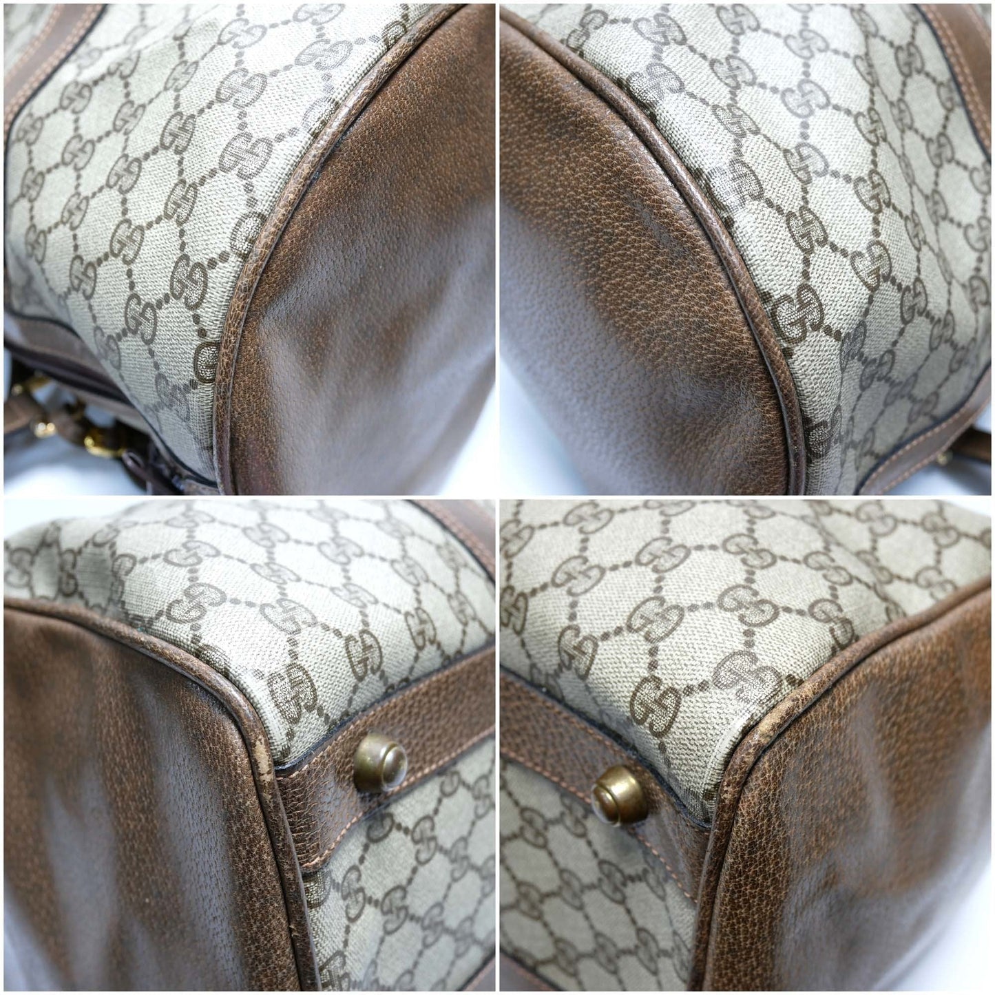 GUCCI Old Gucci  Travel Bag Boston Unisex 1970's 70'S GG Pattern / Pigskin Gold Hardware Brown Beige