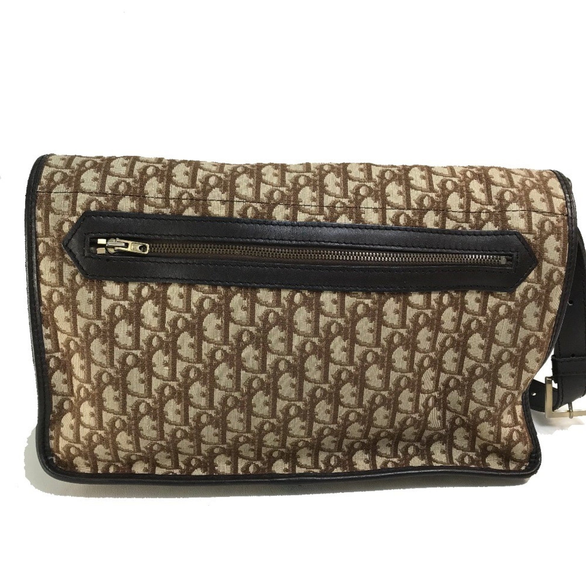 Christian Dior Beige Brown Leather Canvas Shoulder Bag  